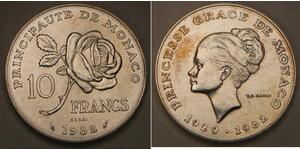 MONACO 10 Franc 1982 Essai / Pattern - Silver 0.95 - Princess Grace - aUNC -646*