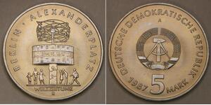 GERMANY (DDR) 5 Mark 1987 A - Cu-Zn-Ni - Berlin Alexanderplatz - aUNC - 609 *