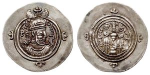 STAROŻYTNOŚĆ - PERSJA - Sasanidzi - Khusro II AD 590-628. drachma, mennica Ravy, Aw: Popiersie Khusro w prawo w tiarze, Rw: Płonący ołtarz, po bokach dwaj strażnicy, srebro 4.11 g, Mitchiner 19,  ...