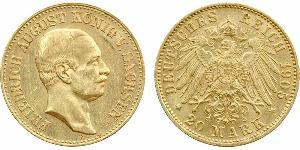 Allemagne, Saxe (royaume de), Frédéric-Auguste III, 20 mark, 1905 Dresde A/FRIEDRICH AUGUST KÖNIG V. SACHSEN. Tête nue à droite de Frédéric-Auguste III, au-dessous (atelier). R/DEUTSCHES REICH (d ...