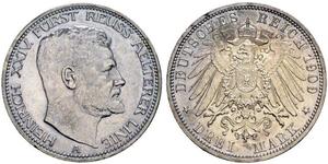 1909,DEUTSCHLAND. Kaiserreich. Reuss, Ältere Linie (-Greiz), Fürstentum. Heinrich XXIV. 1902-1918. 3 Mark 1909 A, Berlin. 16.63 g. J. 119. Hübsche Patina / Attractive patina. Leicht berieben / Sl ...