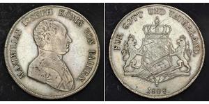  
 
   1808, Kingdom of Bavaria, Maximilian Joseph. Large Silver Crown Thaler Coin. R!  Mint Year: 1808 Mint Place: Munich Mintage: 55,000  pcs.    Reference: Davenport 701, KM-701. Denomination: ...