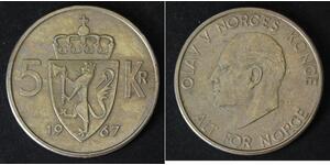 NORWAY 5 Kroner 1967 - Copper/Nickel - Olav V. - VF - 1950