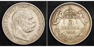 
 
   1908, Kingdom of Hungary, Emperor Franz Josef. Large Silver 5 Korona Coin. aXF!   Mint year: 1908 Reference: KM-488.  Denomination: 5 Korona  Mint place: Kremnitz (KB)  Condition: Numerous ...