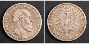  
  
 1876, Mecklenburg-Schwerin, Frederick Francis II. Silver 2 Mark Coin. VF+ 
    
 Mint Year: 1876 Mint Place: Berlin (A) Denomination: 2 Mark Reference: KM-320 ($250 in VF!).    Condition: M ...