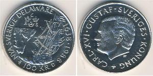 Швеция
100 крон (1988 г.)
Серебро
350-летие шведской колонии в Делавере. Карл XVI. Номер по Краузе КМ#867.2, 925-я проба, 16 г.
