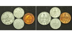  
 
  
 1922/1923/1932, Germany (Weimar). Aluminum 3 & 200 Mark + Bronze 4 Pfennig Coins. 4pcs! 
   
  Condition: XF-AU! Mint Place: Munich (D) Mint Year: 1922 / 1923 (2pcs) / 1932 Denominati ...