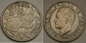 MONACO 100 Francs 1950 - Copper-Nickel - Rainier III. - XF - 1157 *