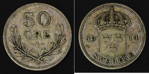 SWEDEN 50 Ore 1914 W - Silver 0.600 - Gustaf V. - 2641