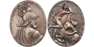 Frankreich. Heinrich IV. 1589-1610. Ovale Bronzegussmedaille o.J. (1601), von Guinier. Der König in antiker Rüstung mit Helm als göttlicher Mars / Mars schlägt einen Zentaur mit Krone in der Rech ...