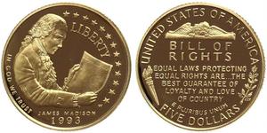 Vereinigte Staaten von Amerika. Gedenkmünzen. 5 Dollars 1993 W, West Point (New York). James Madison. Gekapselt. Polierte Platte