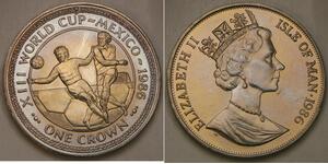 ISLE OF MAN 1 Crown 1986 PM - World Cup Soccer 86 / Two Players - aUNC - 671 *