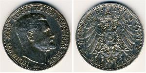 Рейсс-Грейц
3 марки (1909 г.)
Серебро
A. Генрих XXIV. Номер по Краузе КМ#130, 900-я проба, 16,667 г.
