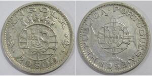 ANGOLA 1952 $20 ESCUDOS PORTUGUESE REPUBLIC CROWNED GLOBE SILVER COIN 
