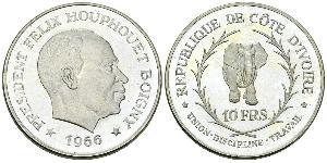 Côte d'Ivoire AR 10 Francs 1966 Proof Côte d'Ivoire. AR 10 Francs 1966 (24.94 g). KM 140.1. Proof.