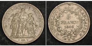  
 
   1848, France (2nd Republic).  Large Silver 5 Francs Coin. Cleaned VF-aXF!  Mint year: 1848 Mint Place: Paris (A) Denomination: 5 Francs References: KM-756.1. Condition: Environmental damag ...