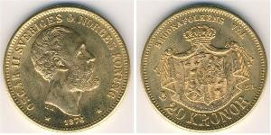 Швеция
20 крон (1876 г.)
Золото
EB I.A. Оскар II (Последний шведский король Норвегии). Номер по Краузе # 744, 900-я проба, 8,9606 г.
