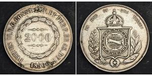  
  1858, Brazil, Pedro II. Large Silver 2000 Reis Coin. Damaged F-VF!  Mint Years: 1856 Reference: KM-466.  Denominations: 2000 Reis  Condition: Welding-scars in obverse (the coin was removed fr ...