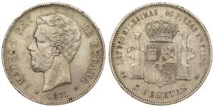 Spain - 5 Pesetas 1871 (74)) D.E. .M. - Amadeo I, Silver
