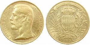 Monaco, Albert Ier, cent francs or, 1891 Paris A/ALBERT I PRINCE - DE MONACO. Tête nue à gauche, au-dessous signature O. ROTY. R/CENT FRANCS. Écu des Grimaldi surmonté d'une couronne princière, d ...
