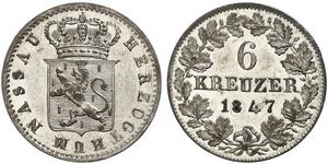 6 Kreuzer Herzogtum Nassau (1806 - 1866) / States of Germany Silber Adolph (Luxemburg)