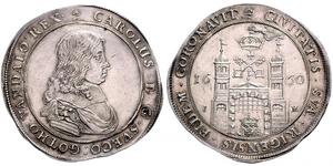 Baltikum-Riga, Stadt. Karl XI. von Schweden 1660-1697. Taler 1660. Münzmeister Jochim Meinecke. Brustbild nach rechts / Torburg mit den gekreuzten Schlüsseln, mit einfachen Wimpeln auf den Türmen ...