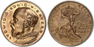 20 Mark Royaume de Bavière (1806 - 1918) Cuivre Louis III de Bavière (1845 – 1921)