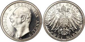 2 Mark Anhalt-Dessau (1603 -1863) / Duchy of Anhalt (1806 - 1918) Silver Friedrich II, Duke of Anhalt (1856 – 1918)