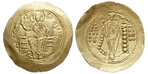 BYZANTINE; Byzantine Empire - Alexius I Comnenus 1081-1118. hyperpyron po 1092, Konstantynopol, Aw: Chrystus siedzący na tronie na wprost, Rw: Cesarz w szacie na wprost, trzymający berło i jabłko ...