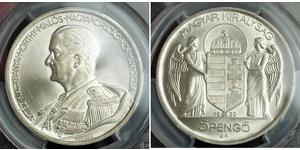  
 
  
  1939, Hungary (Republic), Mikl&oacute;s Horthy de Nagyb&aacute;nya. Silver 5 Pengo Coin. MS-63! 
  
 Mint year: 1939 Reference: KM-517. Mintage: 408,000 pcs.  Mint Place: Budapest (B.P.) ...