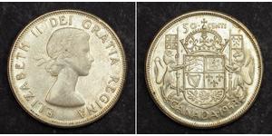  
  
 1958, Canada (Confederation), Elizabeth II. Silver 50 Cents (½ Dollar) Coin. UNC! 
  
 Mint Year: 1958 Reference: KM-53. Denomination: 50 Cents  Condition: Minor digs on rim at 2 o'clock (o ...