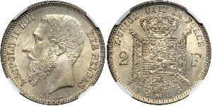 2 Franc Belgien Silber Leopold II (1835 - 1909)