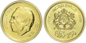 Marokko. Hassan II. (AH 1381-1420) 1962-1999. 250 Dirhams 1978. K.M. 66, Friedberg 6. Auflage: 150 Exemplare. GOLD. Winziger Kratzer, Polierte Platte