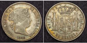  
  1858, Kingdom of Spain, Queen Isabella II. Large Silver 20 Reales Coin. Madrid!  Mint Year: 1858 Reference: KM-609.2. Denomination: 20 Reales  Mint Place: Madrid (privy mark: six-pointed star ...