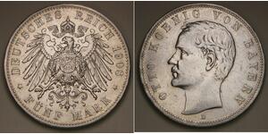 BAVARIA (German State) 5 Mark 1908 D - Silver 0.9 - Otto - VF+ -  1548 *