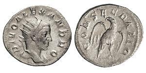 ALESSANDRO SEVERO (222-235) Antoniniano di Consacrazione coniato da Traiano Decio. D/ Testa radiata R/ Aquila ad ali spiegate. RIC (Tr. Decio) 97 Ag g 3,41 Rara BB+