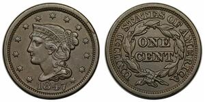 1847 Braided Hair Large Cent, N-12, R3+, LDS (c) obverse cud