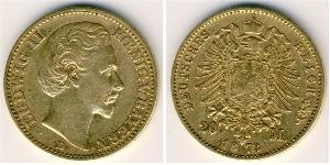 Бавария
20 марок (1873 г.)
Золото
D. Отто. Номер по Краузе КМ#513, 900-я проба, 7,965 г.
