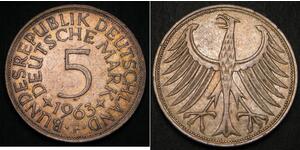 GERMANY (West / BRD) 5 Mark 1963 F - Silver 0.625 - VF/XF - 2577 *