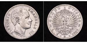 1906, Kingdom of Italy, Victor Emmanuel III. Silver 1 Lira Coin. Cleaned VF.
Mint Year: 1906
  Mint Place: Rome
  Reference: KM-32.
  Denomination: 1 Lira
  Condition: Cleaned VF with some scratc ...