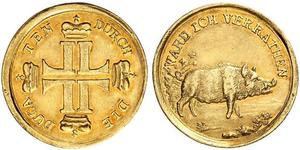 1750,DEUTSCHLAND. Hessen-Darmstadt, Landgrafschaft. Ludwig VIII. 1739-1768. Dukat o. J. (um 1750), Darmstadt. Sogenannter Saudukat. Auf die Wildschwein­jagd. Stempel von Conrad Heinrich Küchler 3 ...