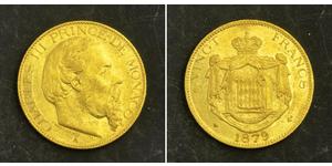  
 
  
 1879, Monaco, Prince Charles III. Scarce Gold 20 Francs Coin. 6.45gm! 
  
  Mint Year. 1879 Mint Place: Paris (A)  Mintage: 50,000 pcs.  Denomination: 20 Francs Condition: A well circulat ...