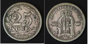SWEDEN 25 Ore 1896 EB - Silver 0.600 - Oscar II. - VF- - 65
