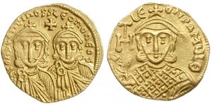 ANCIENT TIMES; BIZANCJUM - Konstantyn V 741-775 z Leonem IV, solidus, Konstantynopol, Aw: Popiersie Konstantyna i Leona na wprost, powyżej krzyż, w otoku napis COnSTANTInOS S LEOnOnEOS, Rw: Popie ...
