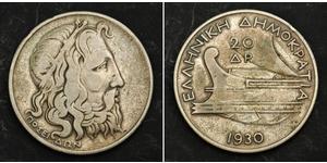  
 
   1930, Greece (2nd Hellenic Republic). Large Silver 20 Drachmai Coin. VF-   Mint Year: 1930  References: KM-73.  Denominations: 20 Drachmai  Condition: A well circulated VF with numerous co ...